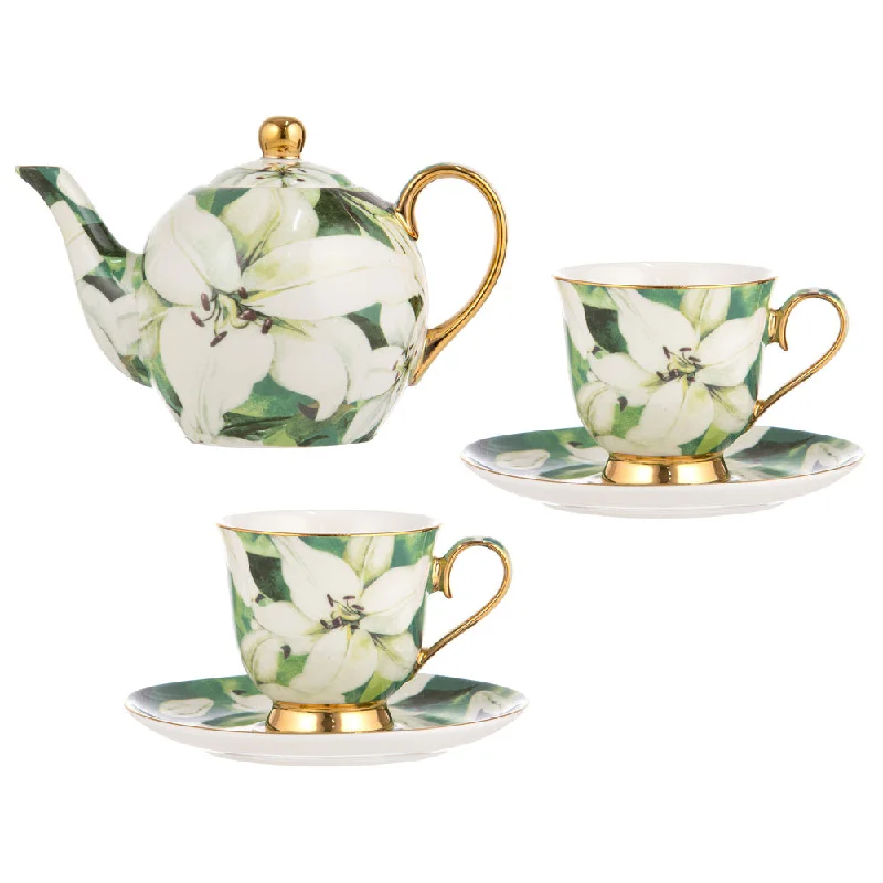 Ashdene Bold Blooms White Lily Teapot & Set of 2 Teacups