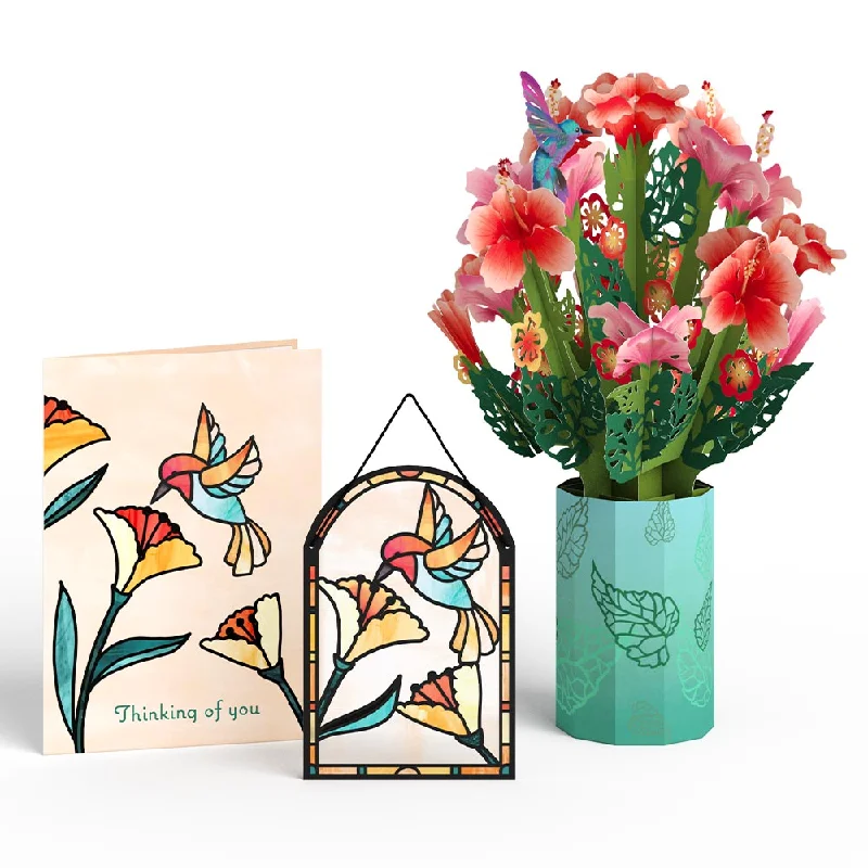 Thinking of You Hummingbird Suncatcher Card & Pop-Up Bouquet Bundle